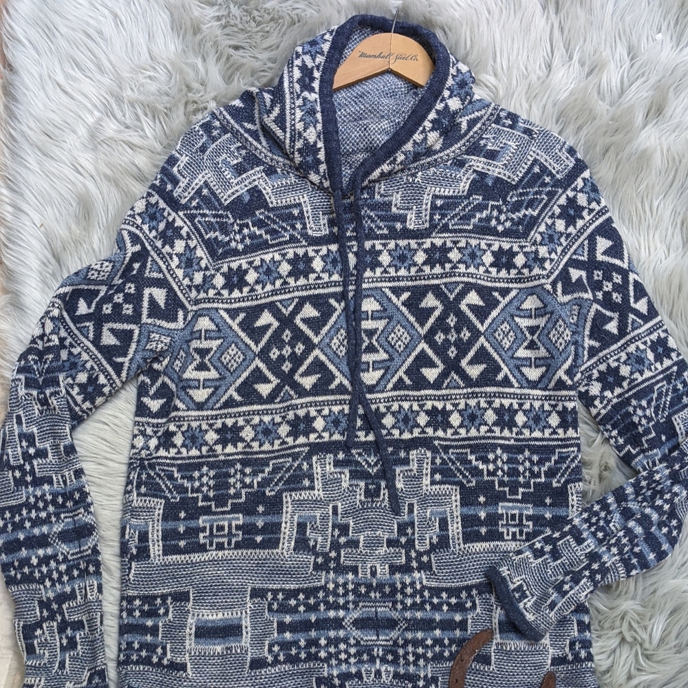 Blue and white cowel neck chaps sweater